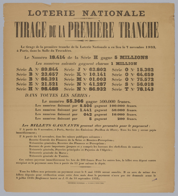 Ein Lotterielos mit der Aufschrift "Loterie Nationale Tirage de la Première Tranche."