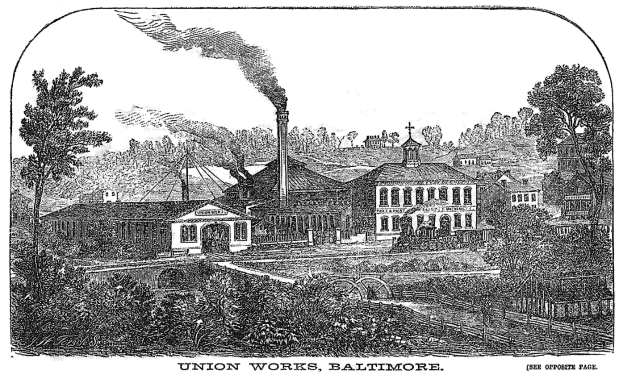 Eine Schwarz-Weiß-Zeichnung der Union Works in Baltimore, Maryland, mit ein paar Gebäuden, Bäumen und Rauch im Hintergrund und Text am unteren Rand.