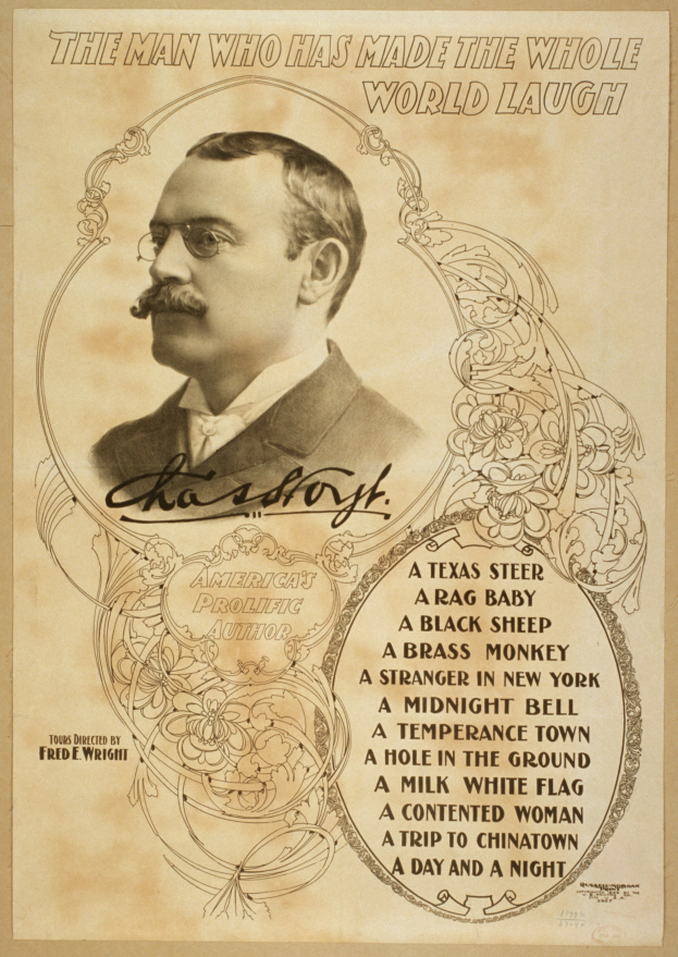 Ein Mann mit Schnurrbart und Brille schaut ernst in die Ferne, über ihm steht der Text "Der Mann, der die ganze Welt zum Lachen gebracht hat".