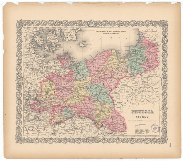 Alte Karte von Preußen und Sachsen mit sichtbaren Grenzen, auf altem Papier gedruckt.