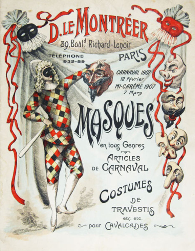 Ein Plakat, das ein Karnevalsfest in Paris, Frankreich, ankündigt und eine Person in Kostüm mit einem Stock zeigt, umgeben von Text und Bildern von Masken.