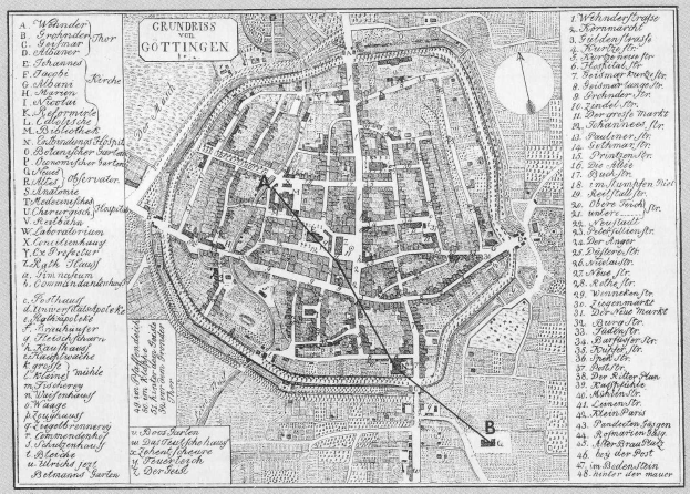 Eine Schwarz-Weiß-Karte von Göttingen, Deutschland, mit Straßen, Gebäuden, Sehenswürdigkeiten und Textbeschriftungen.