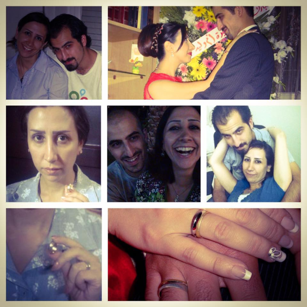 Eine Collage aus Fotos, die einen Mann und eine Frau mit Eheringen an den Fingern zeigen, umgeben von Blumen und verschiedenen Gegenständen im Hintergrund.