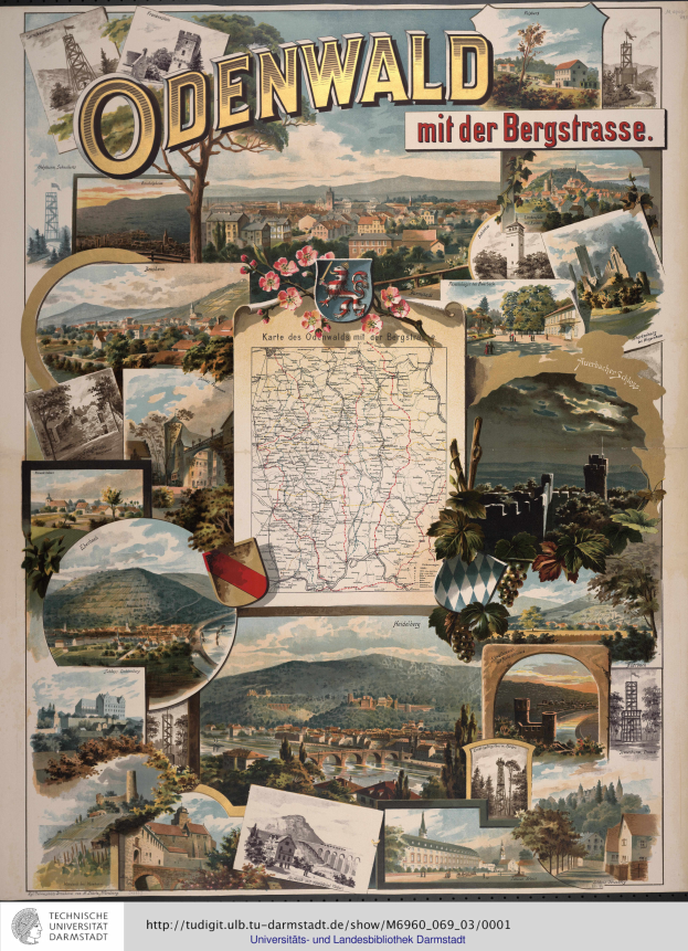 Eine detaillierte, farbenfrohe Karte von Odendwald, Deutschland, mit Gebäuden, Bäumen und beschrifteten Sehenswürdigkeiten, begleitet von Texten über die Geschichte, Kultur und Attraktionen der Stadt.
