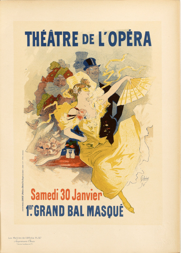 Plakat für das Théâtre de l'Opéra in Paris mit einer Frau in einem weißen Kleid mit einer blauen Schärpe, ihre Haare zu einem Dutt gebunden, vor einem tiefblauen Hintergrund mit Sternen und schwarzer Schrift, die 'Theater der Oper' lautet.