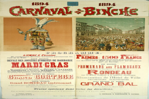Ein altes Plakat, das ein Karneval in Banche, Frankreich, ankündigt und Illustrationen von Menschen, Gebäuden und Text enthält.