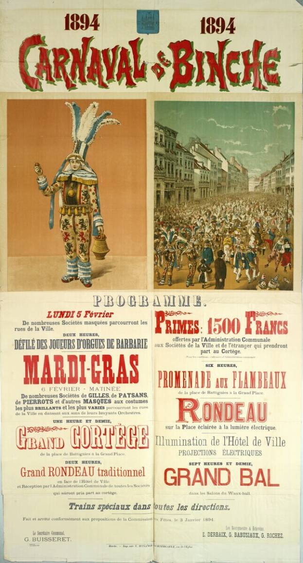 Ein altes Plakat, das ein Karneval in Banche, Frankreich, ankündigt und Illustrationen von Menschen, Gebäuden und Text enthält.