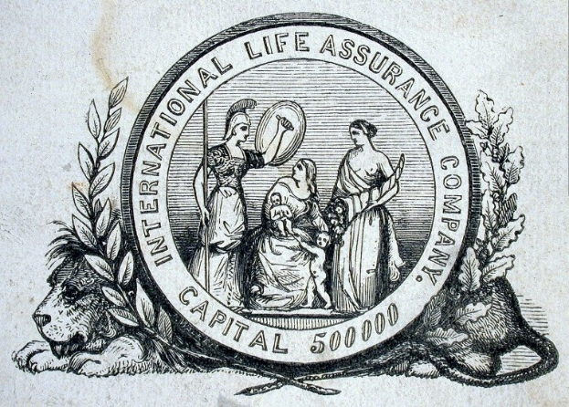 Schwarze und weiße Zeichnung des International Life Assurance Company-Logos mit Menschen, die Gegenstände halten, umgeben von Blättern und Text.