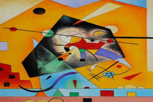 Ein lebendiges Stadtlandschaftsbild von Wassily Kandinsky, das eine dynamische Mischung aus Blauen, Grünen, Gelben und Roten in verschiedenen Formen zeigt.