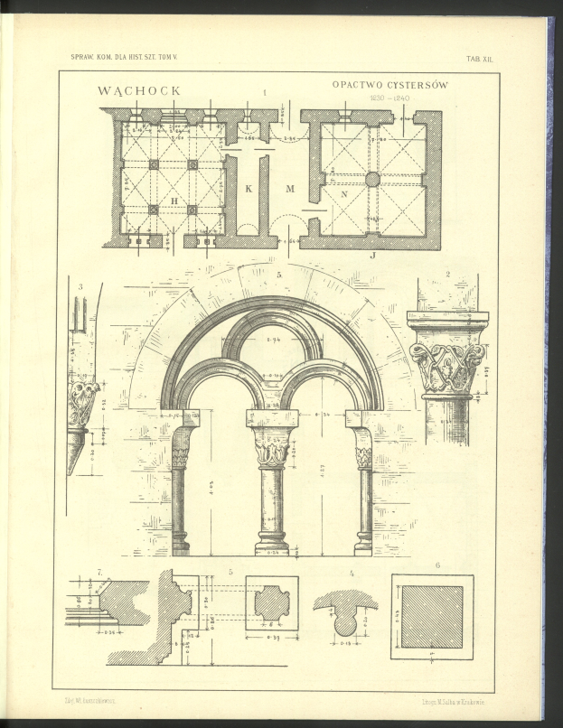 Ein altes Buch mit einer detaillierten architektonischen Zeichnung eines Gebäudes, begleitet von Plänen und Text.