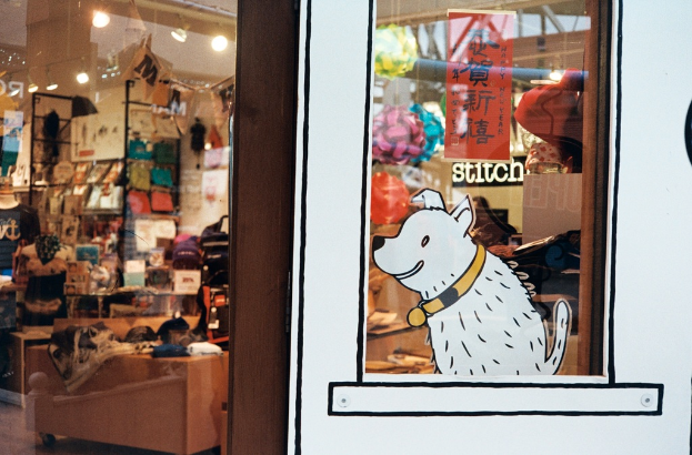 Eine Abbildung eines Hundes mit Text auf der rechten Seite und links ein Raum mit Lampen, Flaggen, Regalen, Sofas, Kleidung, Dekorationen, Menschen, Stühlen und verschiedenen anderen Gegenständen.