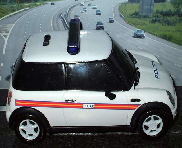 Weißes Polizeiauto mit "Polizei" Aufschrift vor einer belebten Straße außerhalb der Stadt, flankiert von Gras und Bäumen.