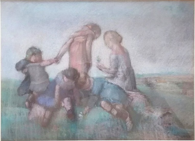 Malerei von Kindern, die fröhlich in einem hellen, einladenden Feld spielen, in einem Foto Rahmen.