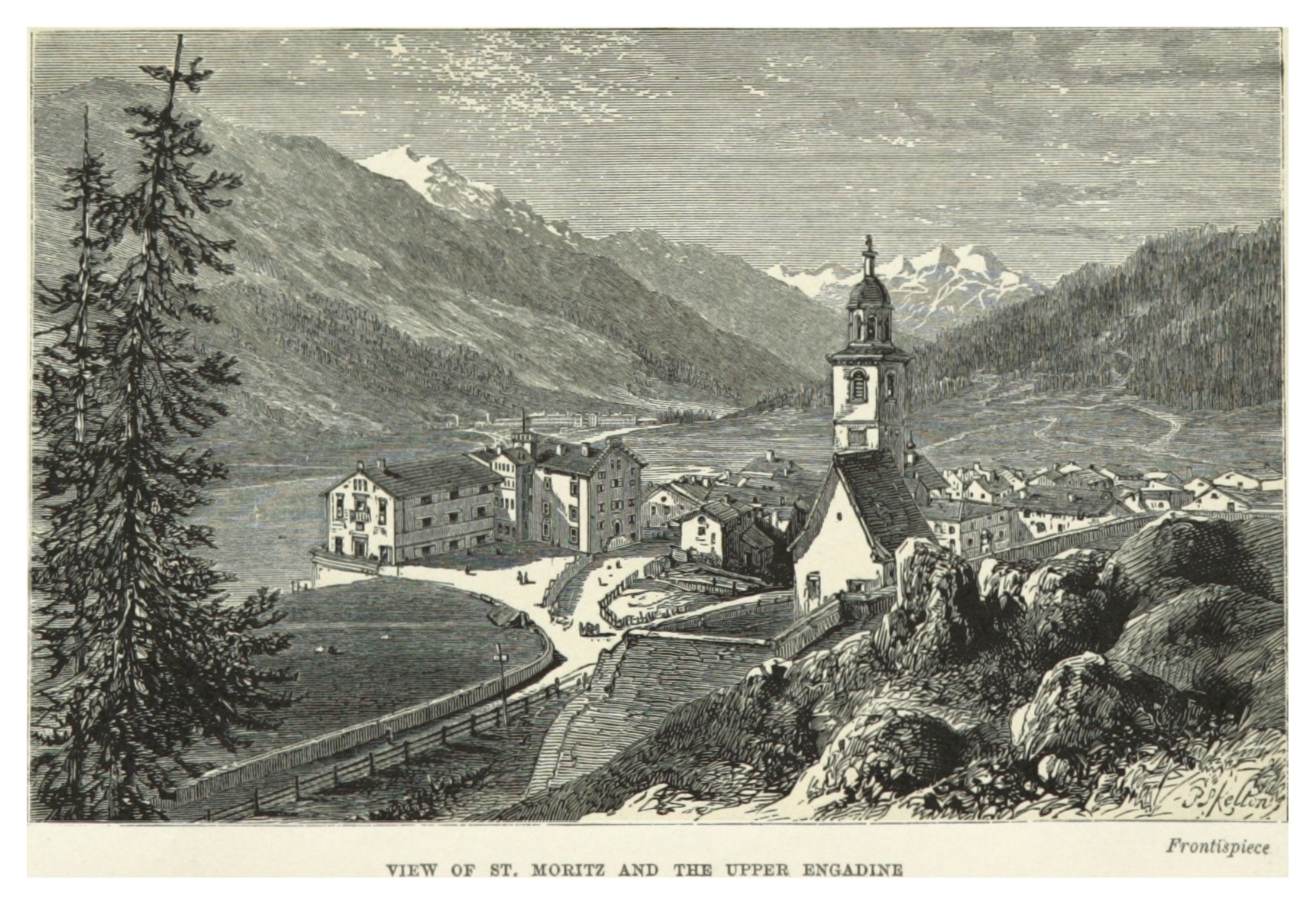 Ansicht von St. Moritz und dem Oberengadin mit Gebäuden, Bäumen und Bergen im Hintergrund, einschließlich Text unten.