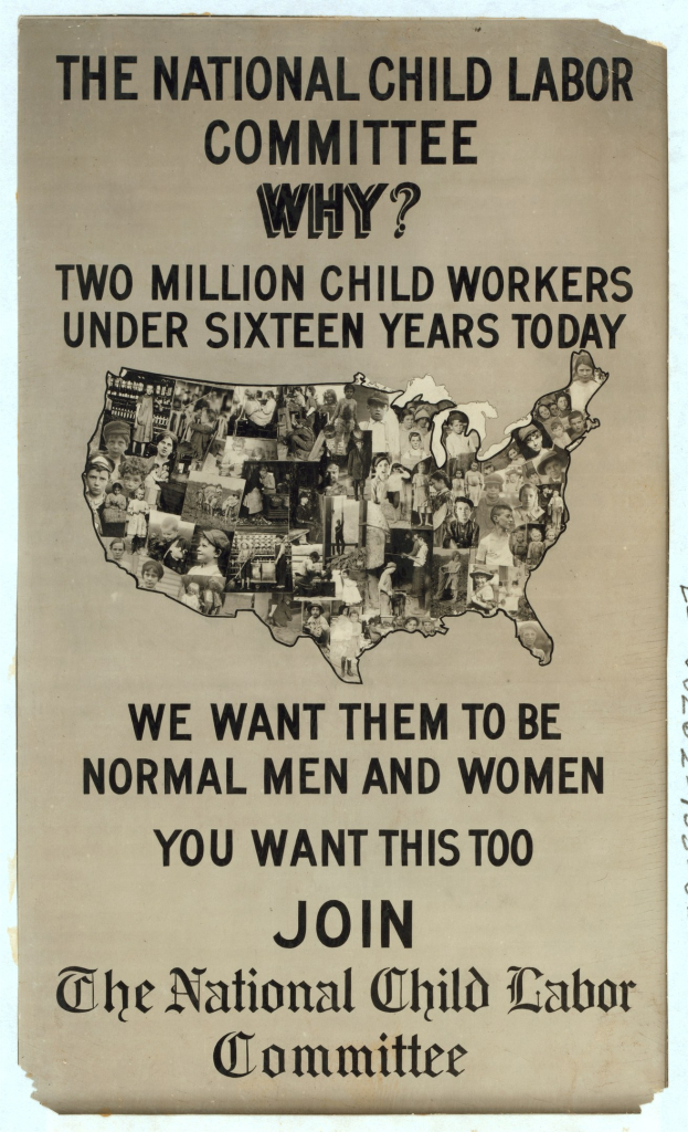 Plakat mit der Aufschrift "Nationaler Ausschuss für Kinderarbeit: Warum? Zweieinhalb Millionen Kinderarbeiter unter sechzehn Jahren heute" mit einer Karte der USA und mehreren menschlichen Figuren, die Ausschussmitglieder darstellen.