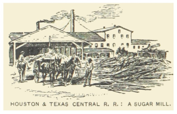 Plakat der Houston & Texas Central R.R. Zuckerfabrik mit Menschen, Pferden und Gebäuden im Hintergrund, darunter der Text "Zuckerfabrik".