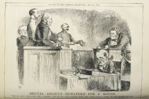 Eine Zeichnung von einer Gruppe von Menschen, die um einen Tisch sitzen, mit Büchern und anderen Gegenständen, und Text unten mit der Aufschrift "brutaler Angriff - vorläufig festgenommen".