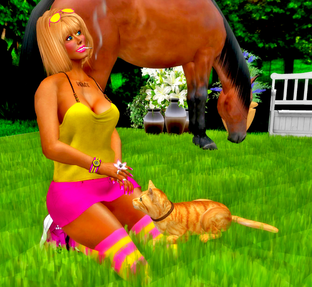 Eine animierte Abbildung mit einer Frau, einer Katze, einem Pferd, Pflanzen, Blumen, einer Bank und Bäumen im Hintergrund.