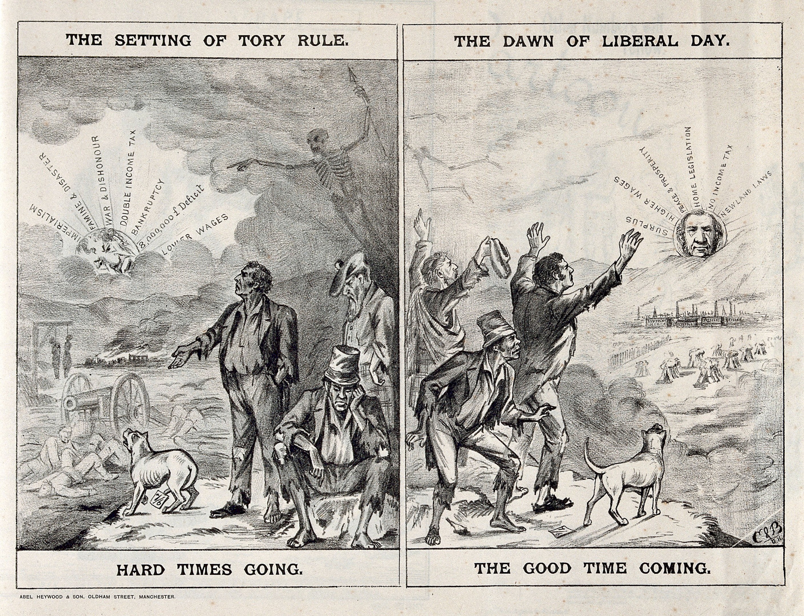 Schwarze und weiße Illustration, die eine Szene zeigt, die die Herrschaft der Tories und den Beginn der liberalen Ära gegenüberstellt, mit Menschen, Tieren und Gegenständen.