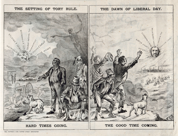 Schwarze und weiße Illustration, die eine Szene zeigt, die die Herrschaft der Tories und den Beginn der liberalen Ära gegenüberstellt, mit Menschen, Tieren und Gegenständen.