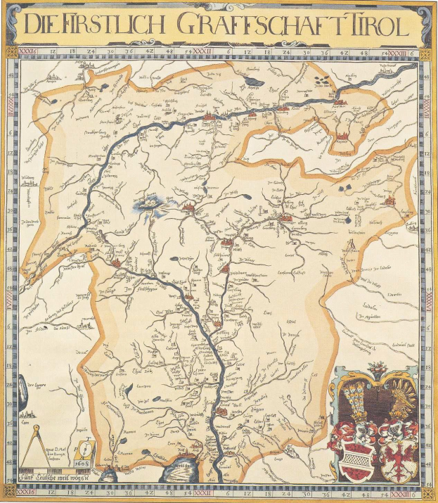 Ein detailliertes historisches Plakat der ersten Grafschaft Tirol-Karte, das geografische Merkmale wie Flüsse, Berge und Städte zeigt und von erklärendem Text über die Region begleitet wird.