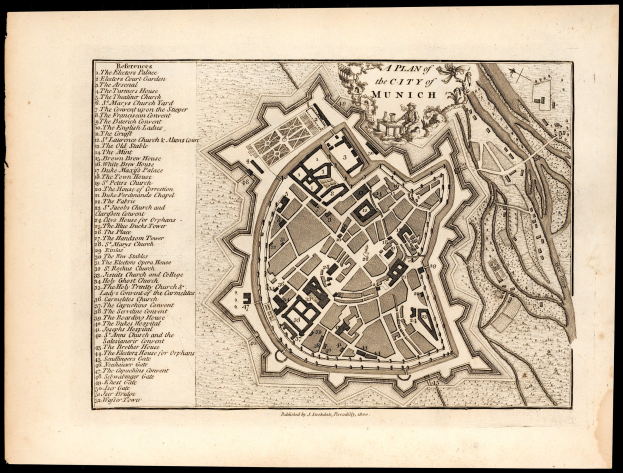 Detailierte alte Karte von München, Deutschland, mit Straßen, Gebäuden und Sehenswürdigkeiten auf einem schwarzen Hintergrund.