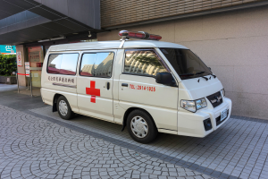 Ein Rettungswagen steht vor einem Gebäude mit einem Schild, umgeben von Bäumen und Pflanzen.