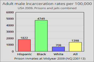 Eine Säulen-Diagramm-Ansicht der Inhaftierungsraten von erwachsenen Männern pro 100.000 in den Vereinigten Staaten, mit variierenden Säulenhöhen, die verschiedene Raten darstellen, und begleitendem Text, der zusätzliche Dateninformationen bereitstellt.