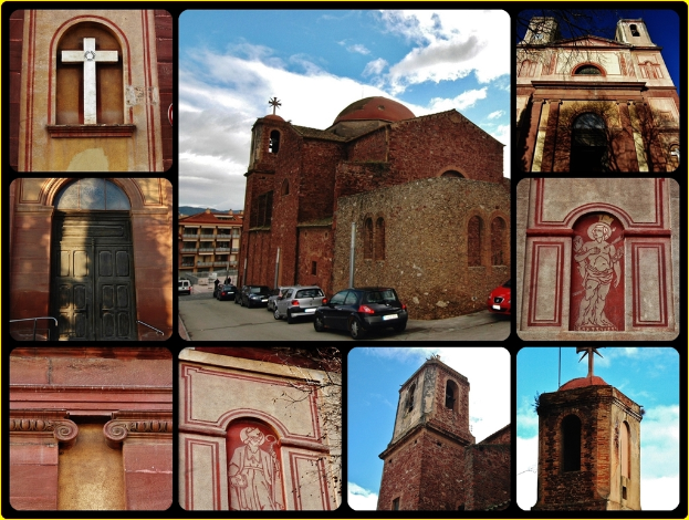 Eine Collage aus neun Bildern mit einem zentralen Gebäude mit parkenden Autos davor, einem Kreuzsymbol oben links, einem weiteren Gebäude oben rechts und Gebäuden unten.