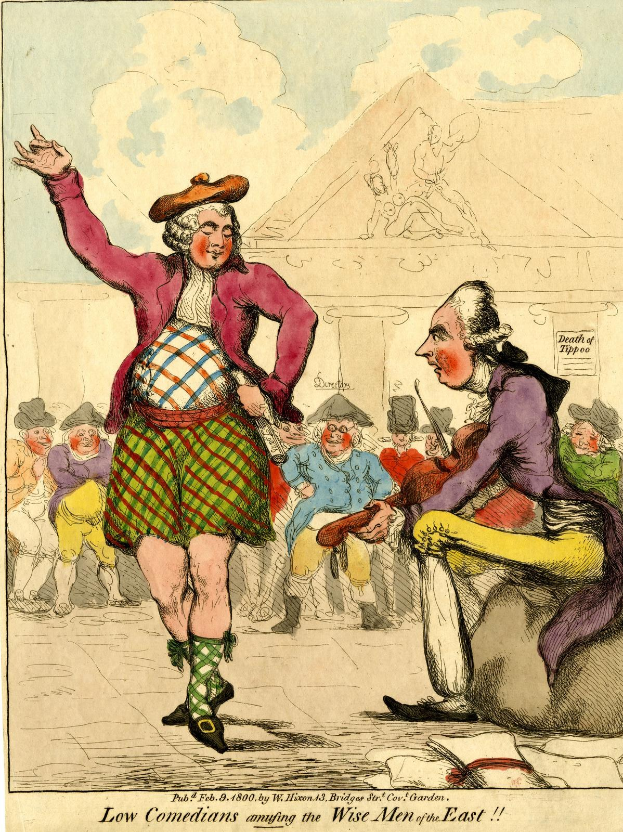 Cartoon-Illustration eines Mannes in einem Kilt und einer Frau in einem Kleid, die vor einem Gebäude unter einem bewölkten Himmel für eine Menge auftreten, mit der Unterschrift "Niedrige Komiker amüsieren die weisen Männer des Ostens" unten.
