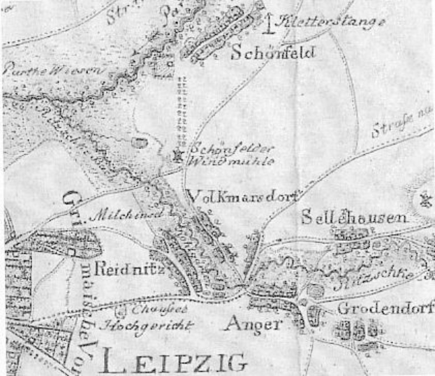 Ausführliche alte Karte von Leipzig, Deutschland, die Stra√en, Gebäude und Sehenswürdigkeiten zeigt, mit begleitendem Text über Bevölkerung, Straßen und bekannte Stellen.