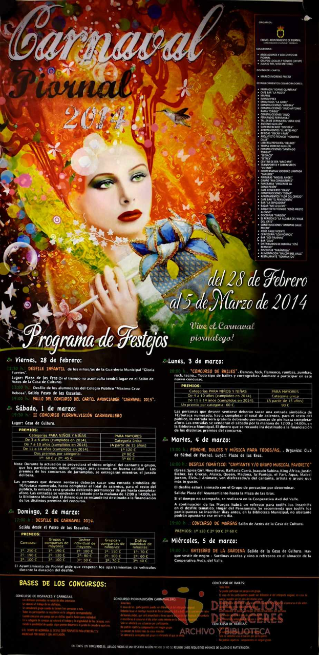 Eine Frau in einem bunten Kleid, die fröhlich in die Kamera lächelt, umgeben von dem Text "Carnaval Festival 2014" auf einem leuchtend gelben Hintergrund.