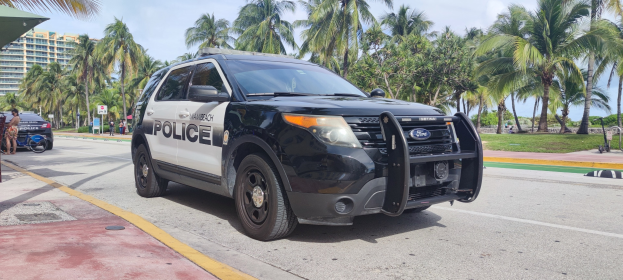 Polizeiauto am Straßenrand mit Menschen, Fahrrädern, Gras, Bäumen, Gebäuden und einem klaren blauen Himmel im Hintergrund, dessen Vorderrad sichtbar ist.
