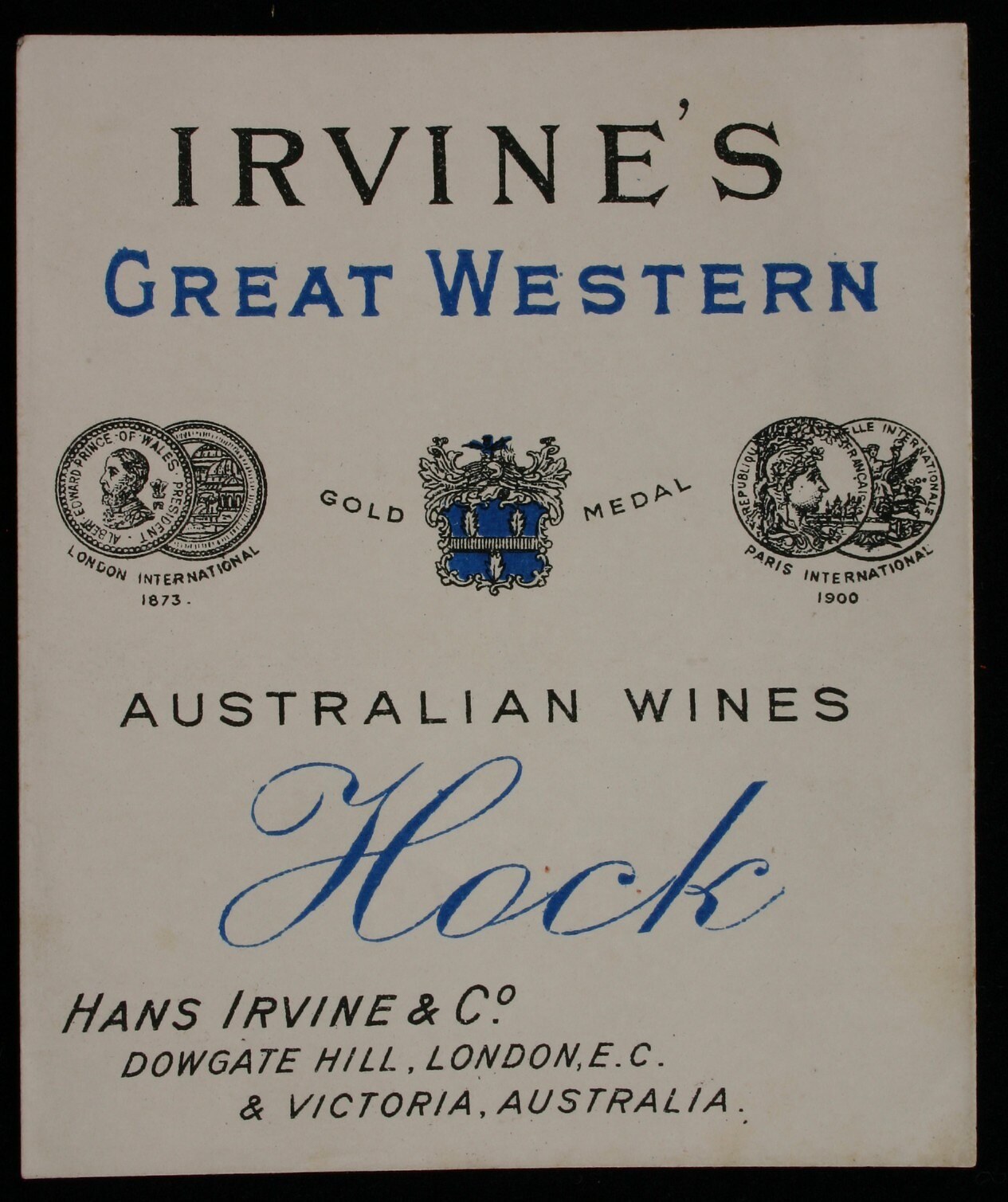 Plakatwerbung für Irvine's Great Western Australian Wines, das Unternehmenstext und -logos zeigt.