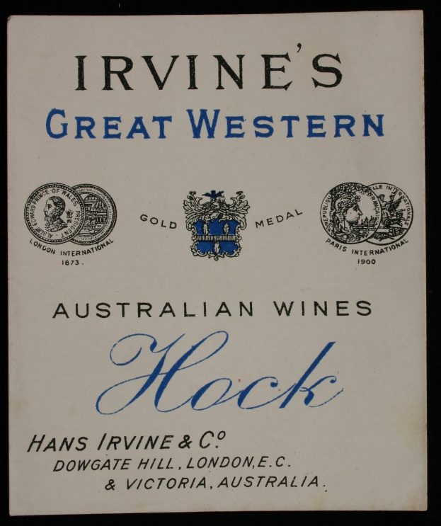 Plakatwerbung für Irvine's Great Western Australian Wines, das Unternehmenstext und -logos zeigt.
