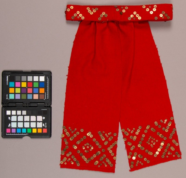 Rote Hosen mit goldenen Pailletten und ein schwarzes Lidschattenpaletten-Set daneben.