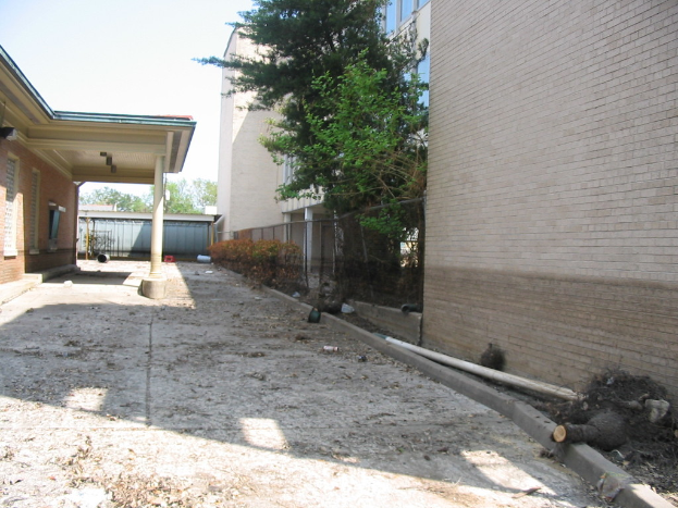 Häuser rechts und links, Bäume oben und eine Netzgrenze in der Mitte des Bildes.