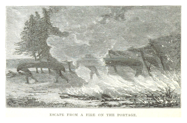 Eine Schwarz-Weiß-Zeichnung eines Feuers in einem waldigen Gebiet mit Bäumen im Hintergrund und Text unten.