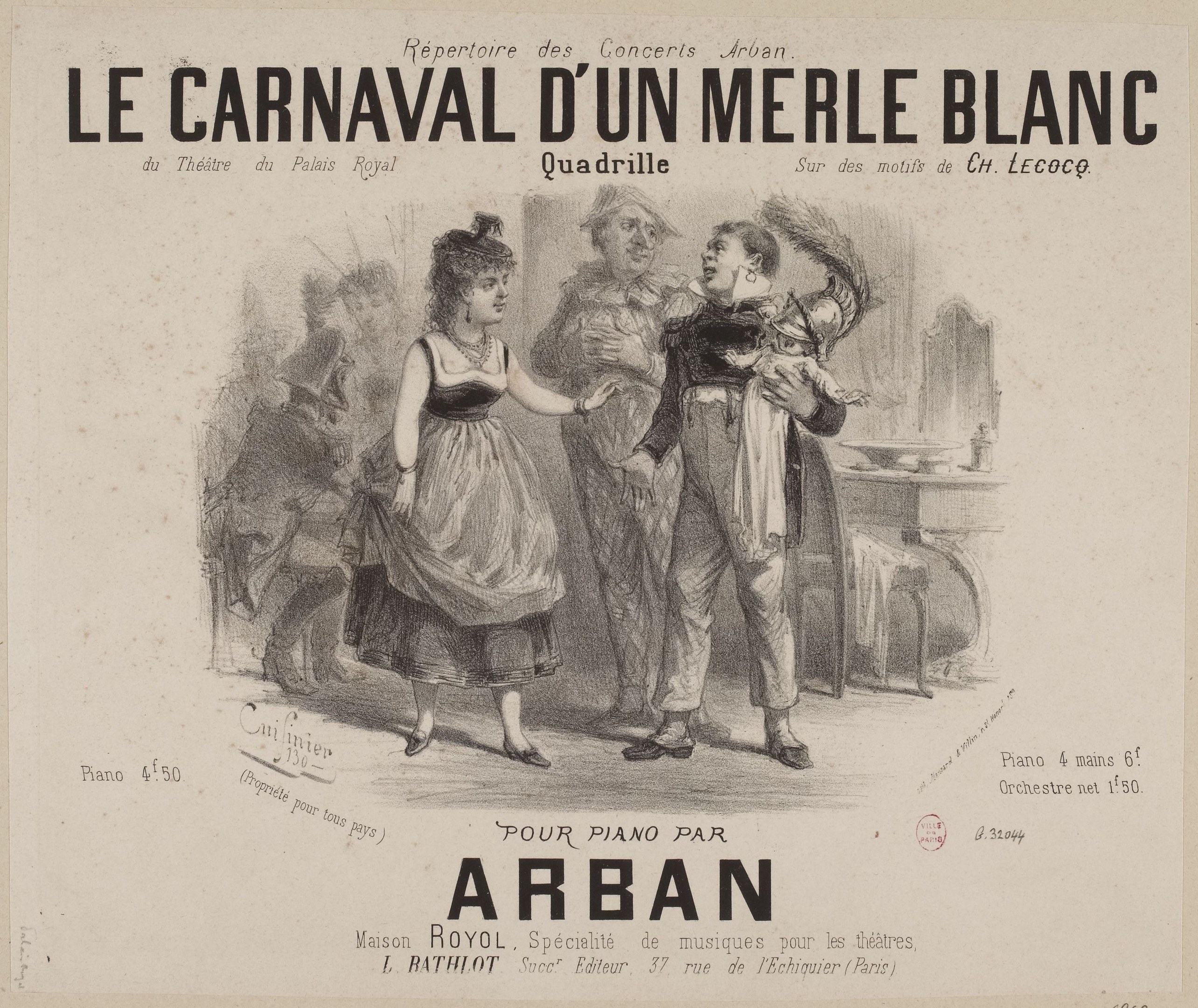 Eine Zeichnung eines Mannes und einer Frau in traditioneller Kleidung vor einer lebhaften Karnevals Szenerie, mit dem Text "le carnaval d'un merle blanc" auf dem Papier.