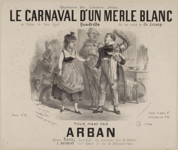 Eine Zeichnung eines Mannes und einer Frau in traditioneller Kleidung vor einer lebhaften Karnevals Szenerie, mit dem Text "le carnaval d'un merle blanc" auf dem Papier.