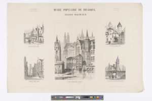 Ein Schwarz-Weiß-Zeichnung einer Stadtlandschaft mit verschiedenen Gebäuden, darunter ein Museum, mit Text, der das Museum beschreibt.