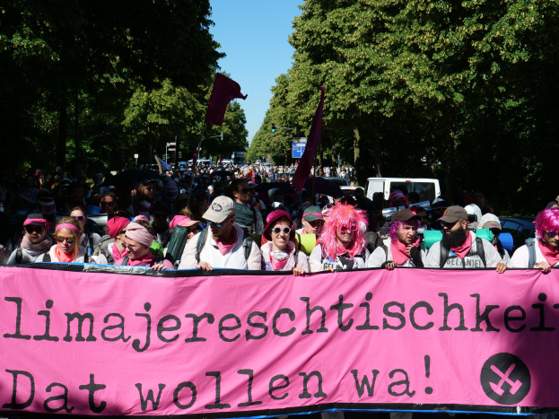 Eine Gruppe von Menschen marschiert die Straße entlang und hält ein pinkes Banner mit der Aufschrift "Women's March in Berlin", einige tragen Mötzen und Göggel, andere halten Fahnen, vor dem Hintergrund von Bäumen, Fahrzeugen und Himmel.