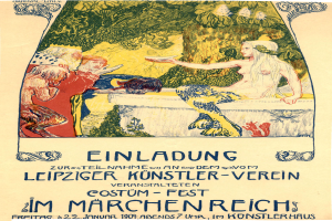 Ein Plakat, das ein Festival in M├╝nchen, Deutschland, ank├╝ndigt und ein Bild einer Frau mit menschlichem Gesicht zeigt, umgeben von anderen Menschen und B├Ąumen, mit Text.