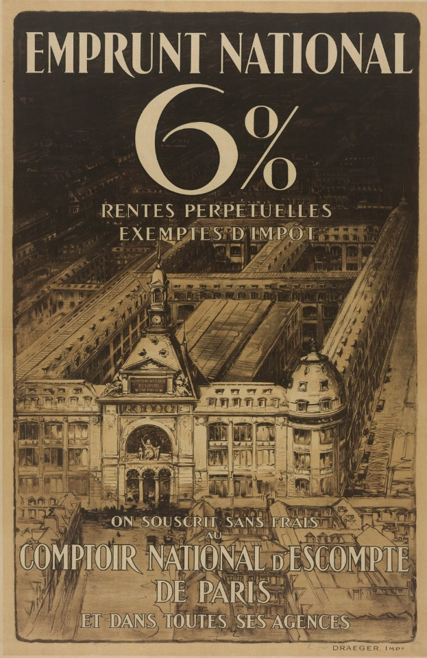Plakat mit einem großen, zweistöckigen Gebäude mit rotem Dach und weißen Wänden, begleitet von zentralem schwarzem Text, der "emprunt national 6% - rentes perpetuelles exemptes impot" auf einem hellblauen Hintergrund liest.