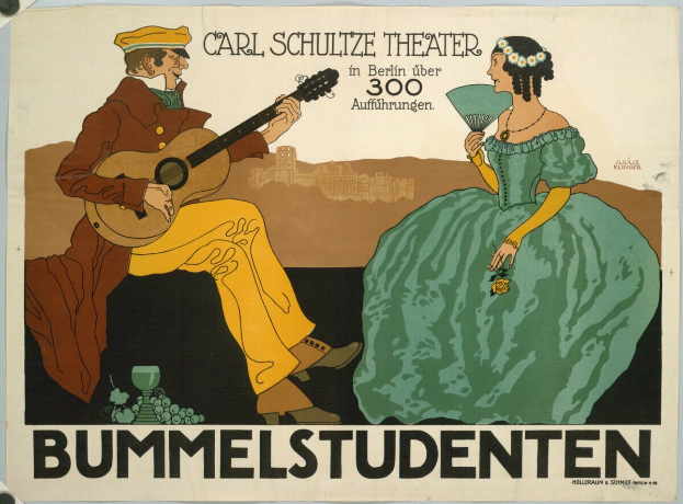 Ein Konzertplakat f├╝r das Carl-Schulze-Theater in Berlin, Deutschland, das einen Mann mit einer Gitarre und eine Frau mit einem F├╝cher zeigt, mit Text auf dem Plakat.