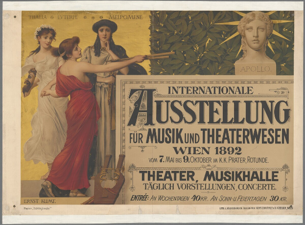 Ein Vintage-Plakat für ein Ereignis in Wien, Österreich, das eine Gruppe von Menschen in einem Kreis mit einer Frau in der Mitte, die ein Musikinstrument hält, und Text mit Veranstaltungseinzelheiten zeigt.