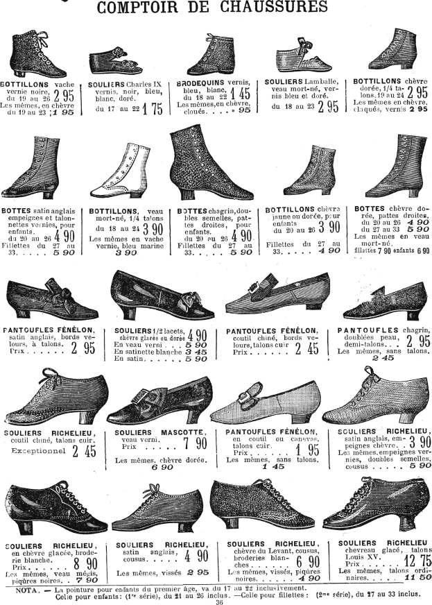 Eine Seite aus einem Buch, die verschiedene Damenschuhe mit einzigartigen Designs zeigt, ordentlich mit sichtbaren Preisschildern und Details über Größe, Form und Farbe.