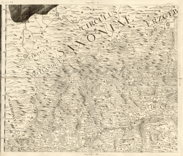 Ein altes Sachsen-Karte von Deutschland, das geographische Merkmale wie Flüsse, Berge und Städte zeigt, mit begleitendem Text, der regionale Informationen liefert.