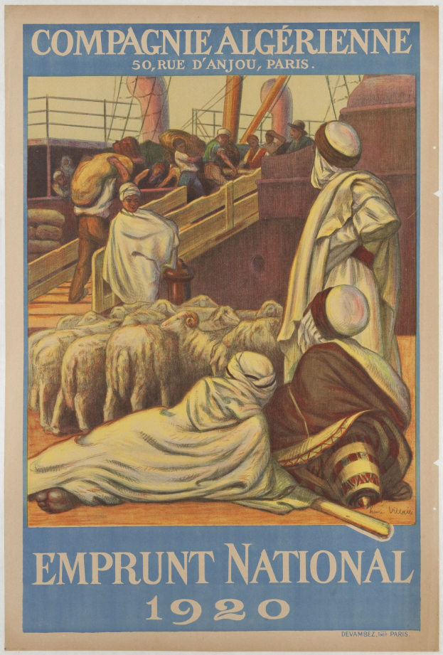 Plakat für die 1920er Emprunt National mit einer Gruppe von Menschen und Tieren und Text mit Ereignisinformationen