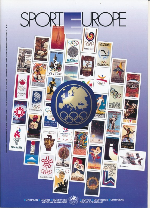 Ein Buchumschlag mit dem Titel "Sporting Europe", der farbenfrohe Designs, detaillierte Entwürfe und verschiedene Olympische Symbole und Bilder zeigt, die mit den Olympischen Spielen in Europa in Verbindung stehen.